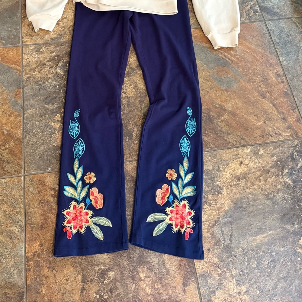 Johnny Was Juliana Floral Embroidered Knit Wide Leg Pants, NWOT, XS, blue